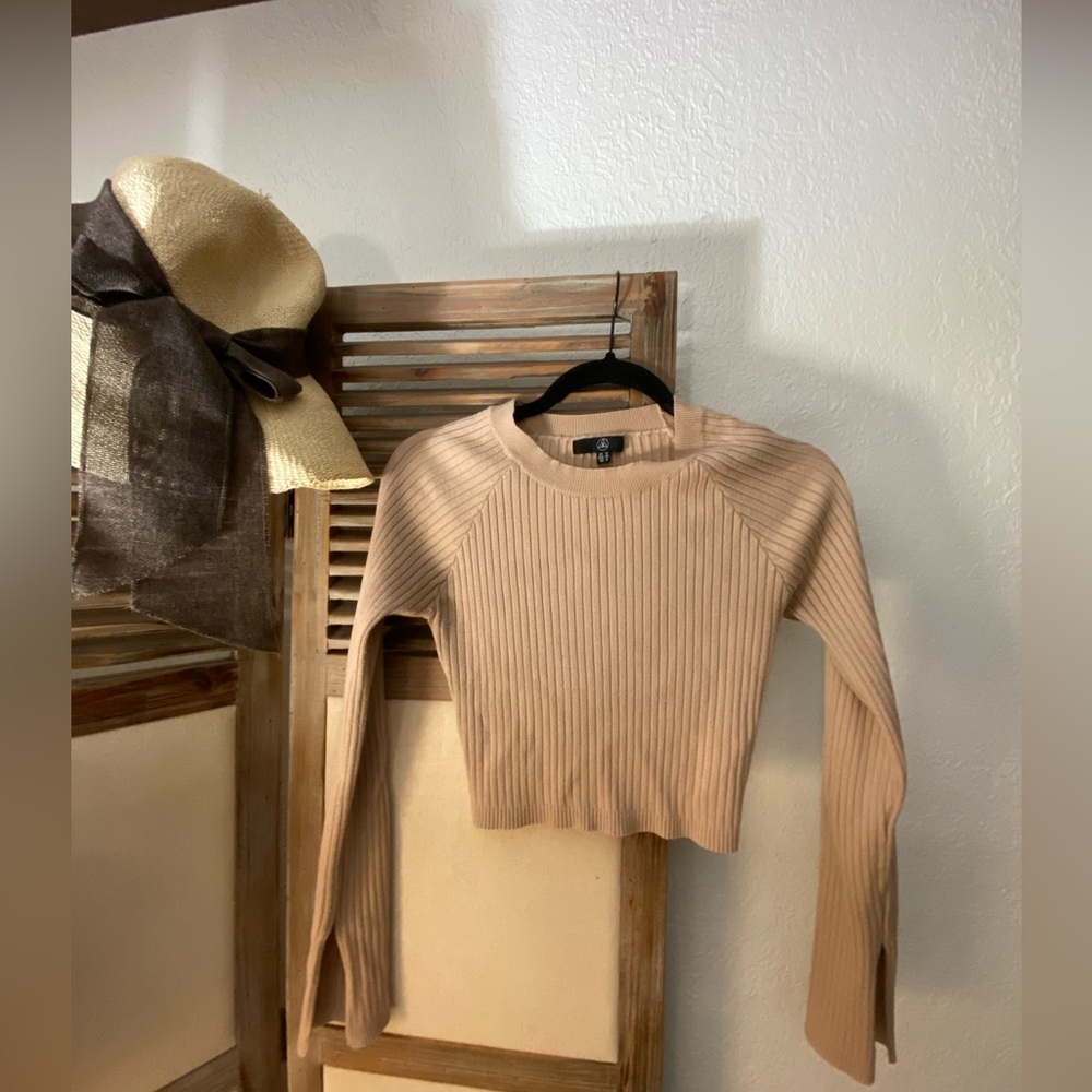 Tan Ribbed Long Sleeve Crop Top